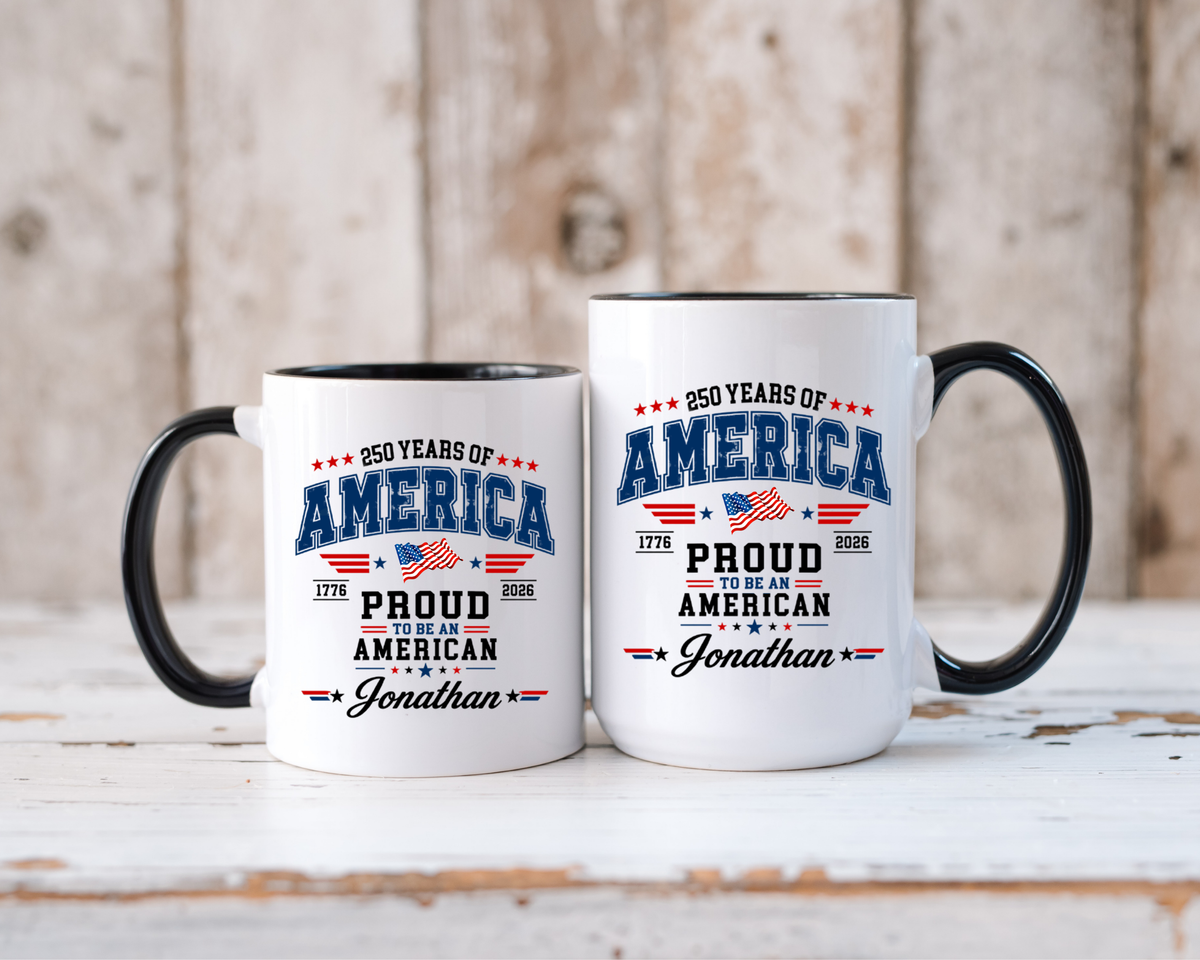Personalized America 250th Coffee Mug, Custom Name Patriotic Gift for Men, Proud to Be An American 1776 to 2026 Ceramic Tea Cup