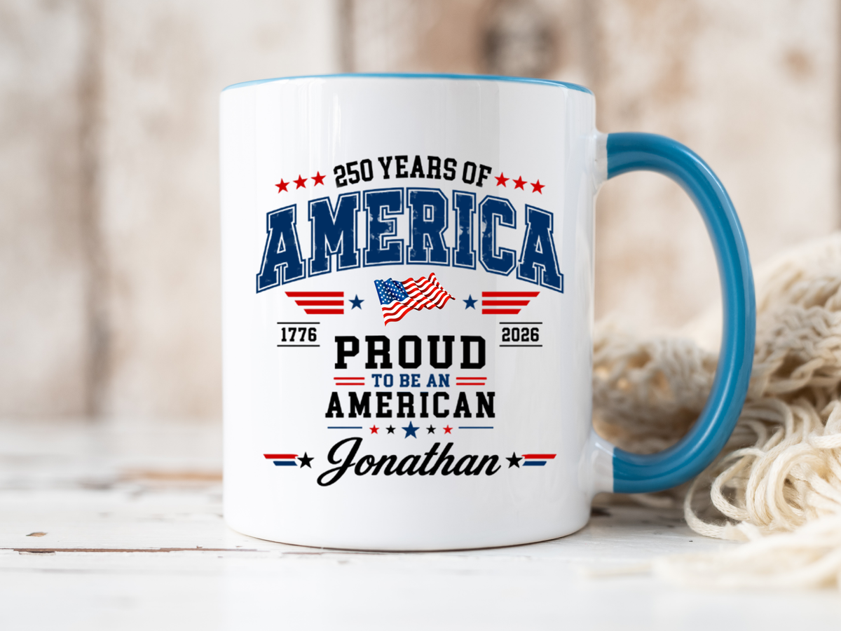 Personalized America 250th Coffee Mug, Custom Name Patriotic Gift for Men, Proud to Be An American 1776 to 2026 Ceramic Tea Cup