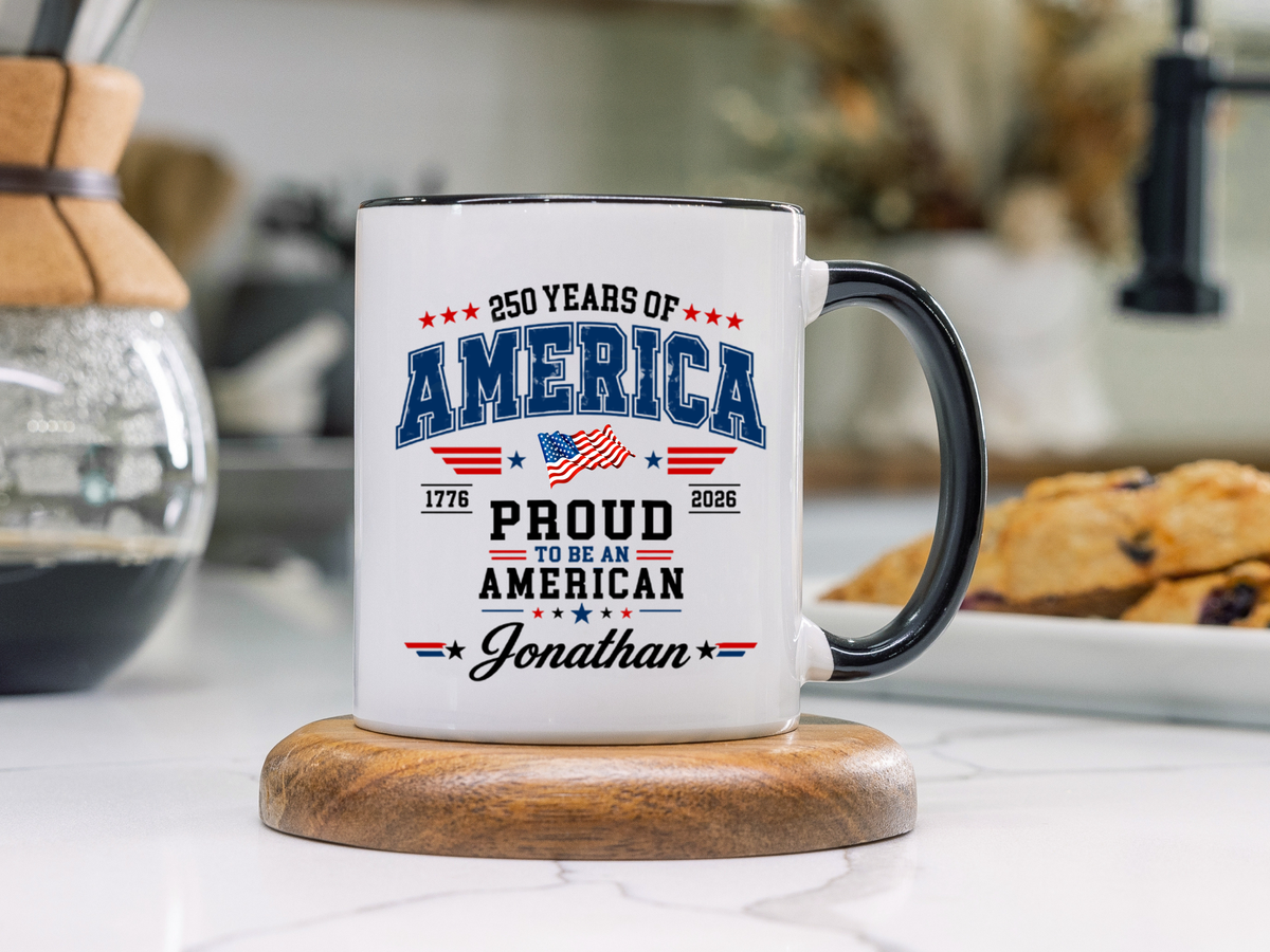 Personalized America 250th Coffee Mug, Custom Name Patriotic Gift for Men, Proud to Be An American 1776 to 2026 Ceramic Tea Cup