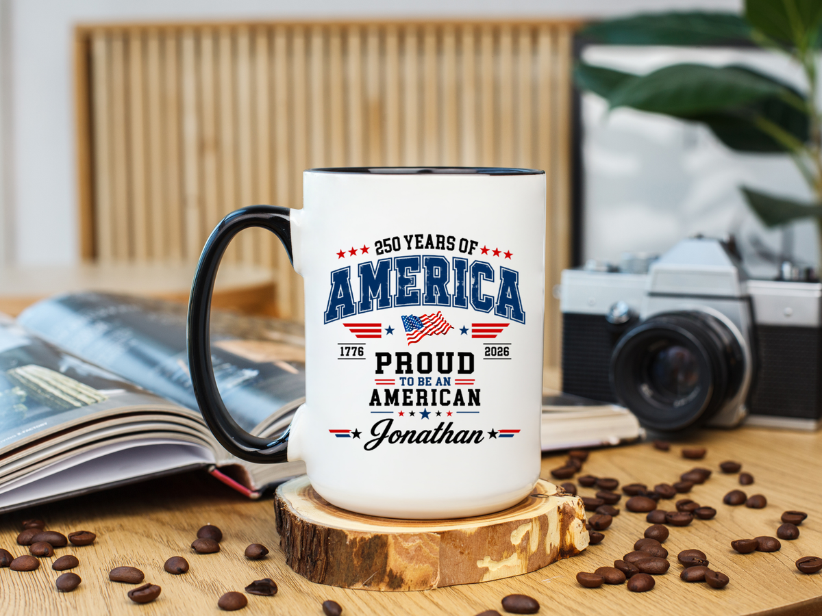 Personalized America 250th Coffee Mug, Custom Name Patriotic Gift for Men, Proud to Be An American 1776 to 2026 Ceramic Tea Cup