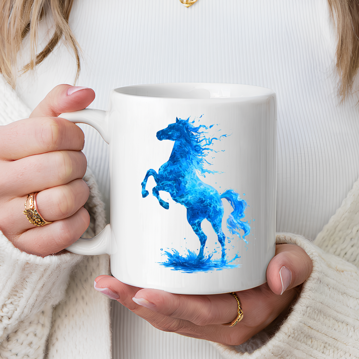 Blue Water Horse Mug, Abstract Horse Lover Coffee Mug, Majestic Stallion Art Cup, Equestrian Gift for Horse Lovers