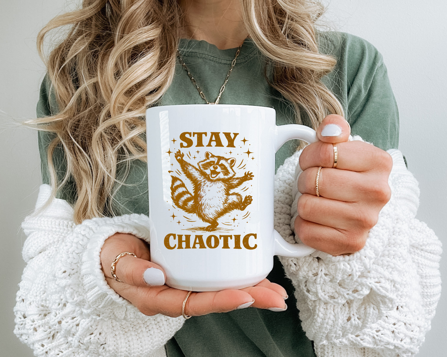 Stay Chaotic Raccoon Coffee Mug, Funny Trash Panda Gift for Friends, Sarcastic Animal Meme Ceramic Tea Cup with Pink Handle