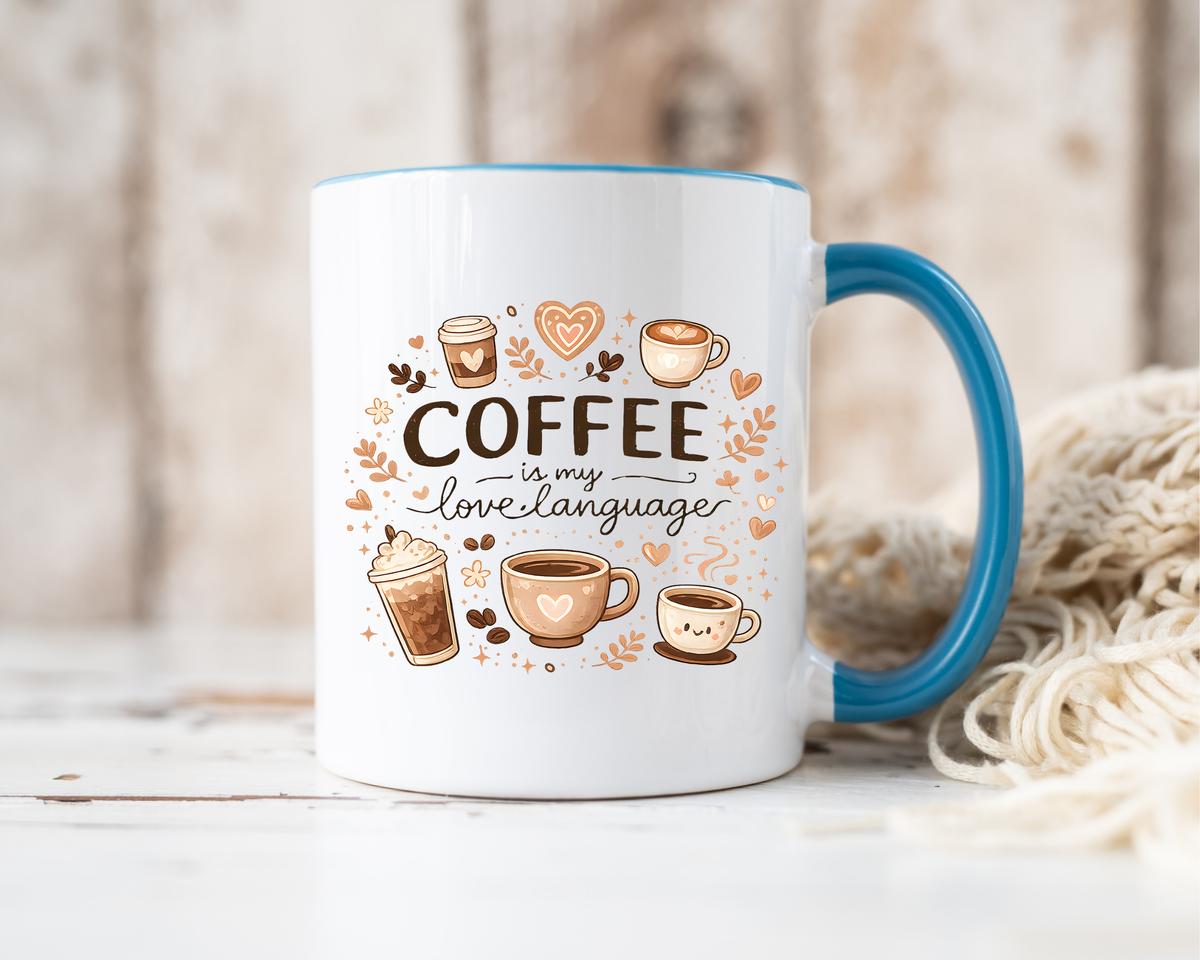 Coffee Is My Love Language Coffee Mug, Cute Cafecito Lover Gift for Her, Aesthetic Barista Latte Ceramic Tea Cup with Pink Handle
