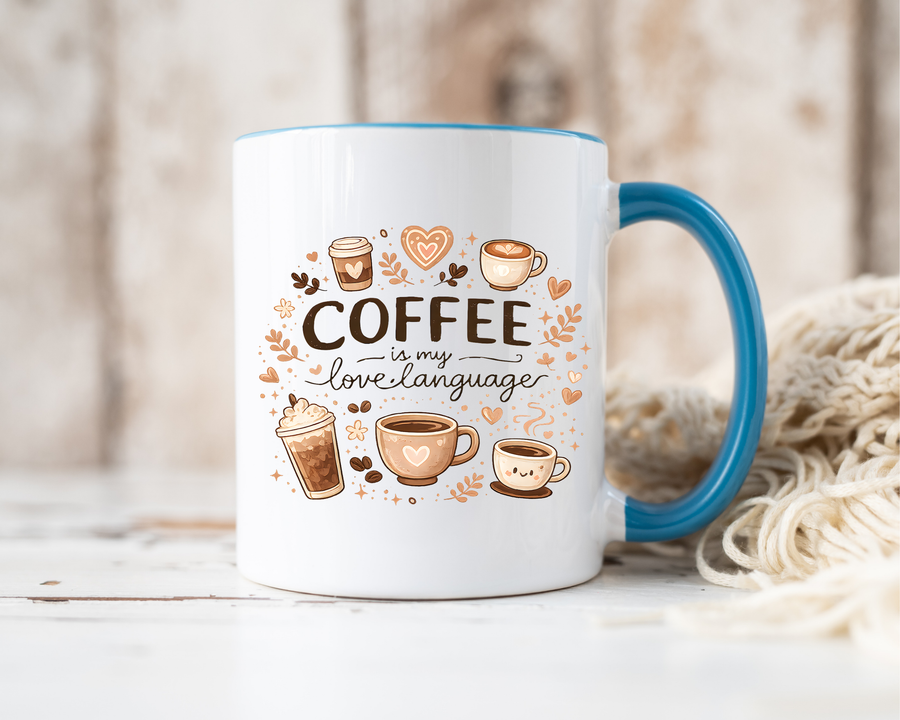 Coffee Is My Love Language Coffee Mug, Cute Cafecito Lover Gift for Her, Aesthetic Barista Latte Ceramic Tea Cup with Pink Handle
