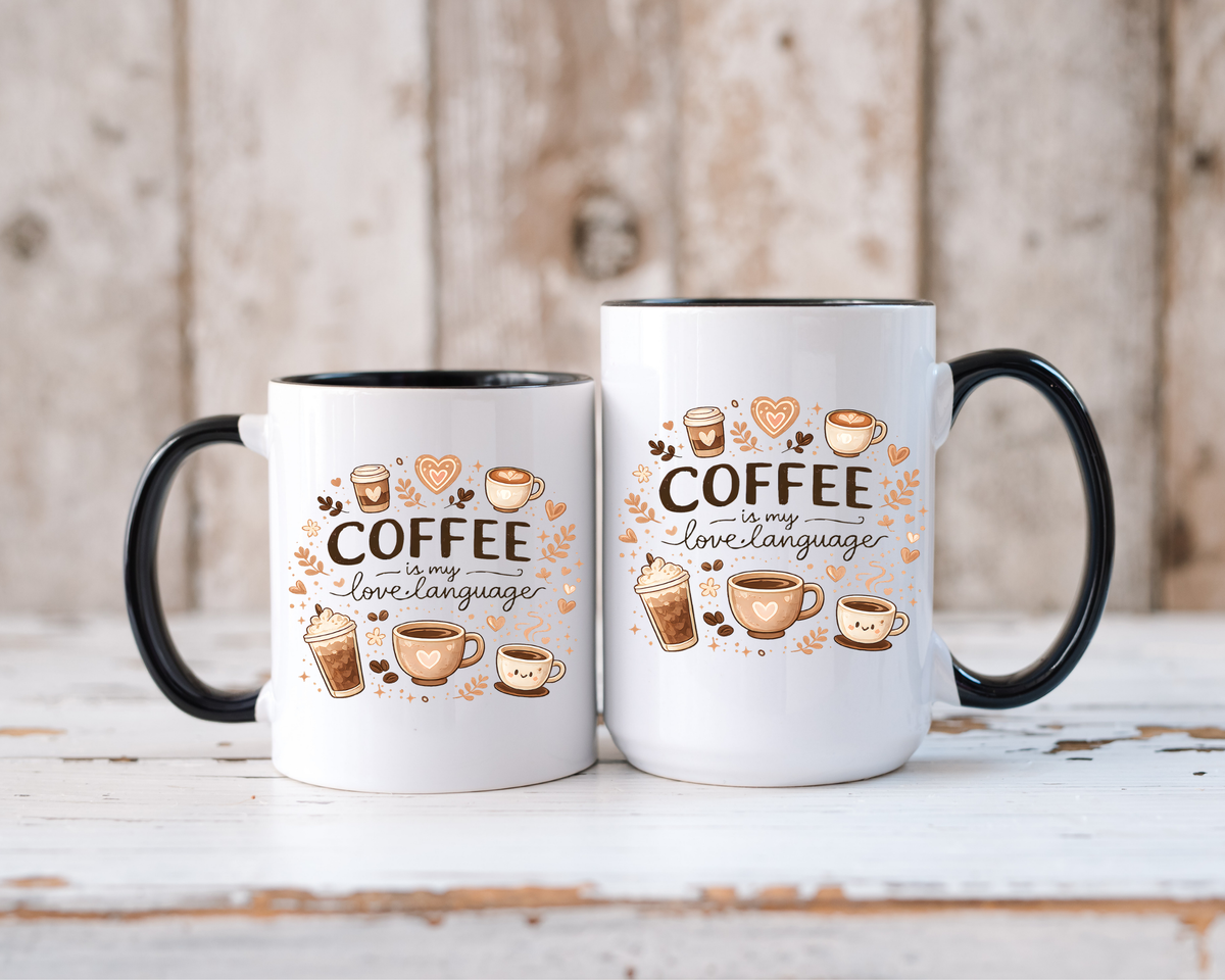 Coffee Is My Love Language Coffee Mug, Cute Cafecito Lover Gift for Her, Aesthetic Barista Latte Ceramic Tea Cup with Pink Handle