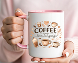 Coffee Is My Love Language Coffee Mug, Cute Cafecito Lover Gift for Her, Aesthetic Barista Latte Ceramic Tea Cup with Pink Handle