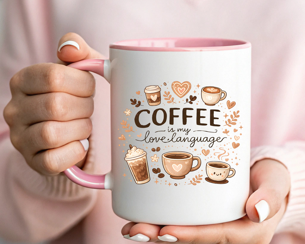 Coffee Is My Love Language Coffee Mug, Cute Cafecito Lover Gift for Her, Aesthetic Barista Latte Ceramic Tea Cup with Pink Handle