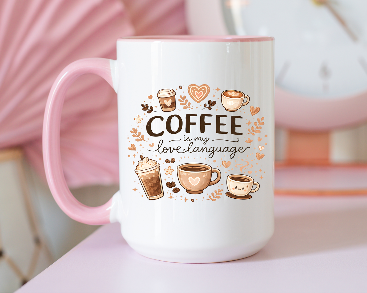 Coffee Is My Love Language Coffee Mug, Cute Cafecito Lover Gift for Her, Aesthetic Barista Latte Ceramic Tea Cup with Pink Handle