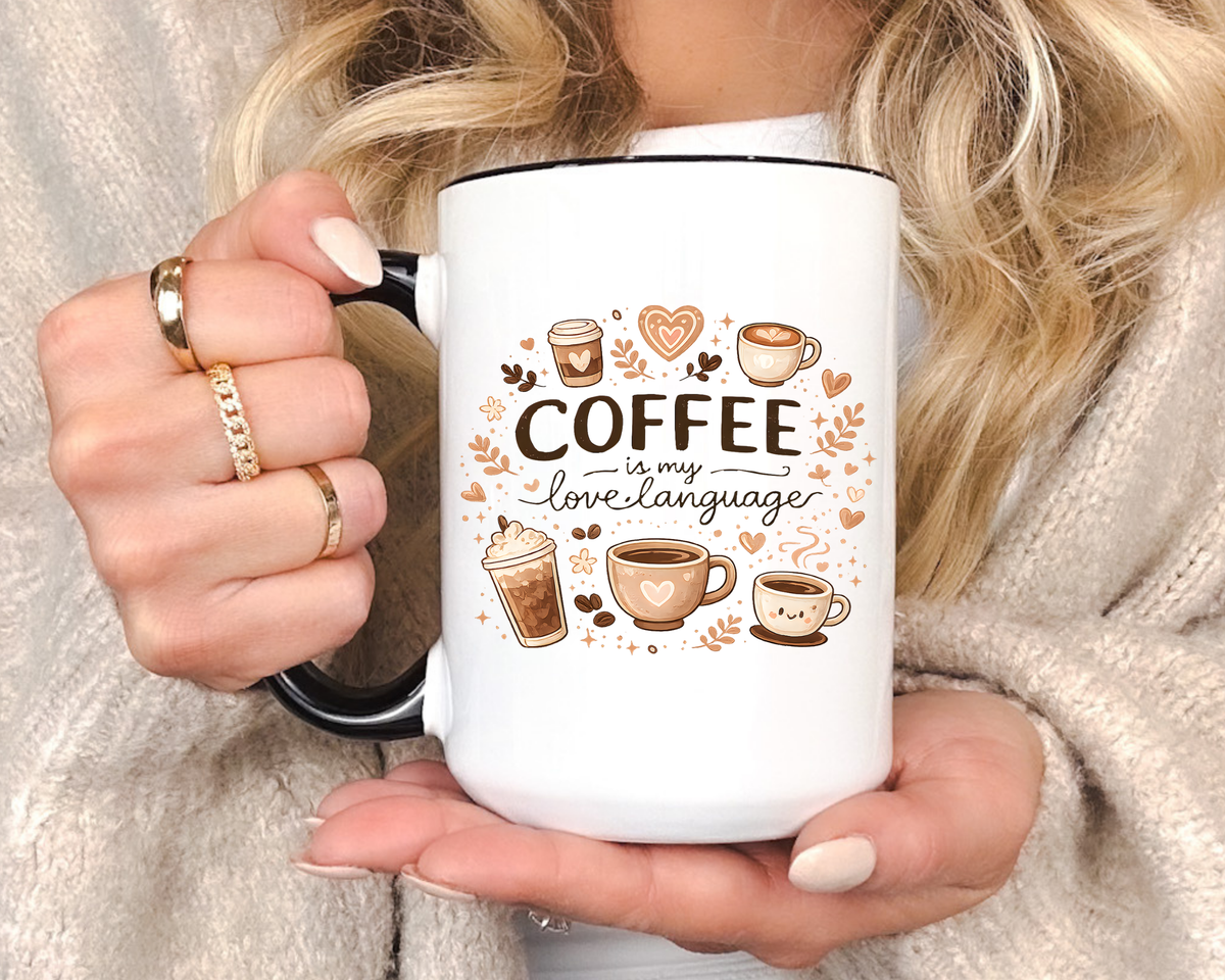 Coffee Is My Love Language Coffee Mug, Cute Cafecito Lover Gift for Her, Aesthetic Barista Latte Ceramic Tea Cup with Pink Handle