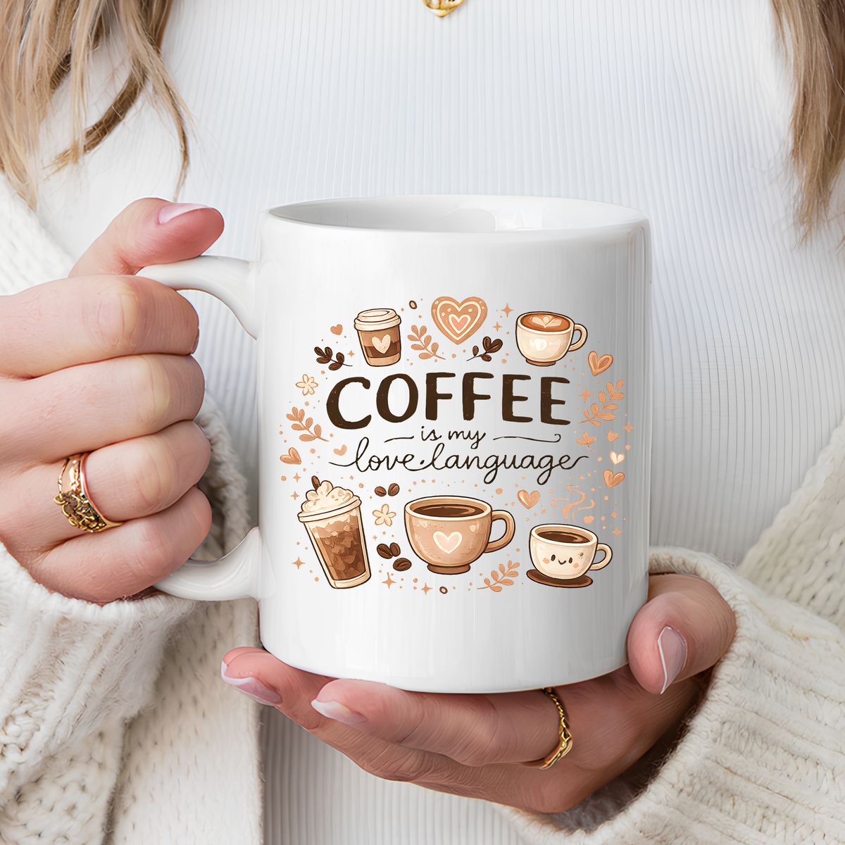 Coffee Is My Love Language Coffee Mug, Cute Cafecito Lover Gift for Her, Aesthetic Barista Latte Ceramic Tea Cup with Pink Handle