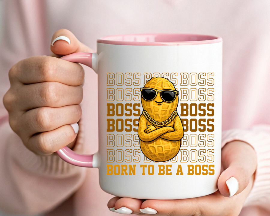 Born To Be A Boss Coffee Mug, Funny Peanut Office Joke Gift for Coworkers, Sarcastic Corporate Manager Ceramic Tea Cup with Orange Handle