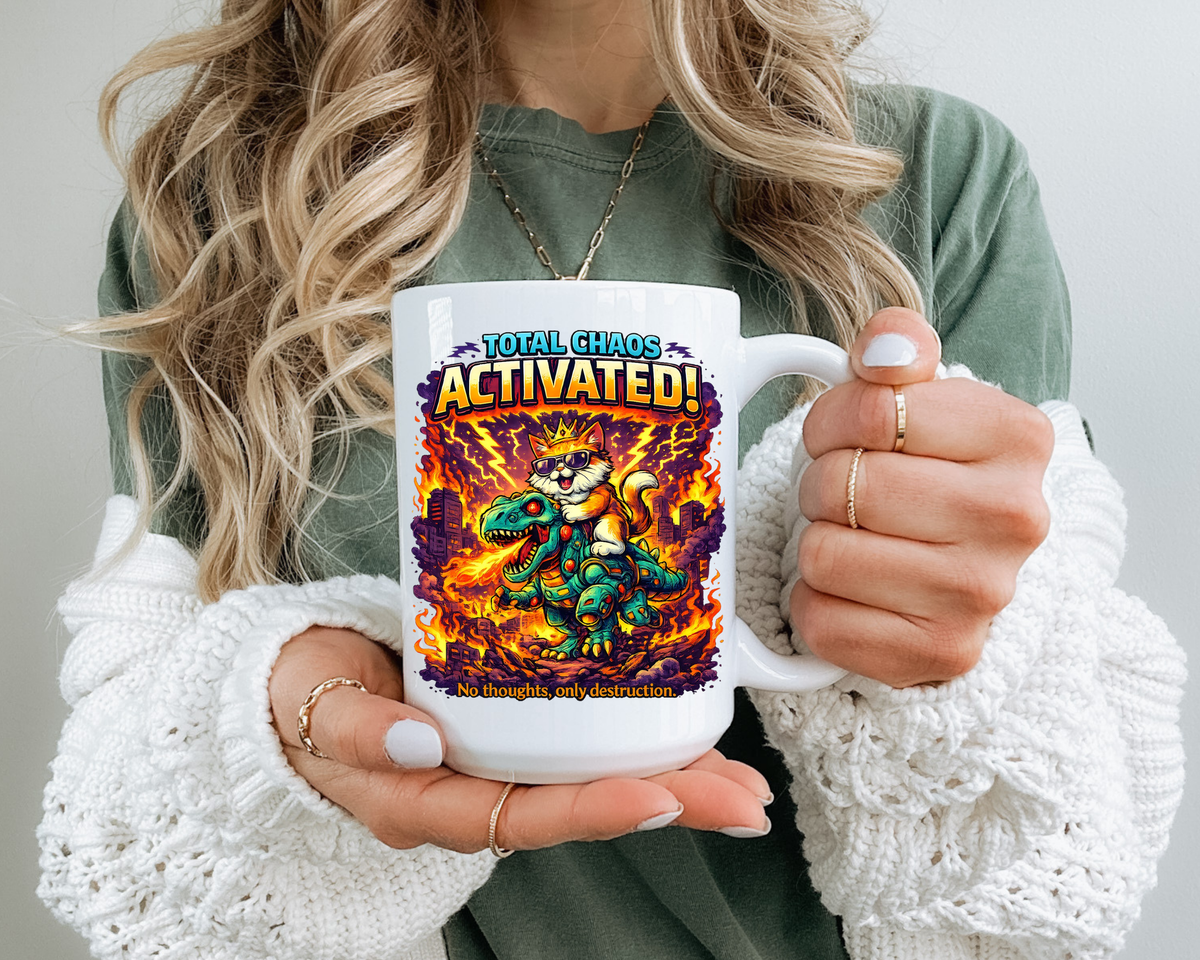 Funny Cat Mug, Chaos Cat Coffee Mug, Cat Lover Gift, Dinosaur Cat Mug, Sarcastic Cat Cup, Gamer Cat Gift, Cat Mom Present