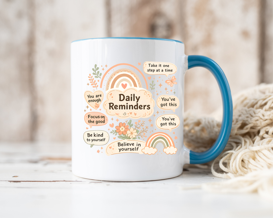 Daily Reminders Coffee Mug, Mental Health Affirmation Gift for Her, Cute Boho Rainbow Self Care Aesthetic Ceramic Tea Cup with Pink Handle