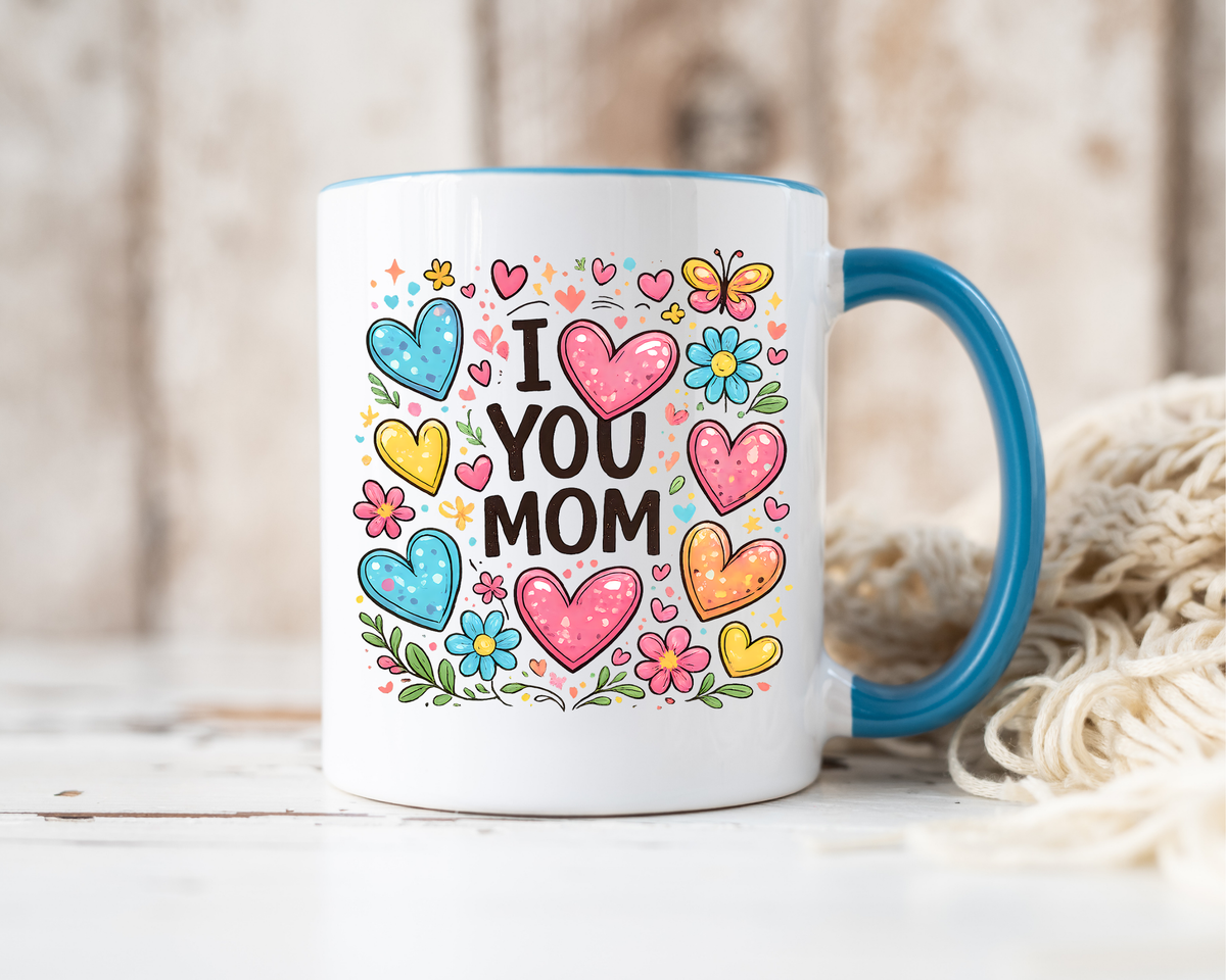 I Love You Mom Coffee Mug, Cute Birthday Gift for Mother, Colorful Hearts and Flowers Ceramic Tea Cup with Blue Handle, Mother's Day Mug