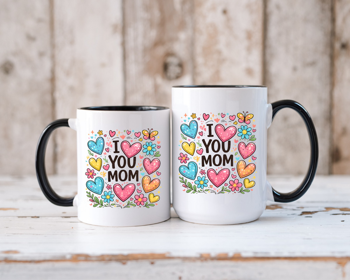 I Love You Mom Coffee Mug, Cute Birthday Gift for Mother, Colorful Hearts and Flowers Ceramic Tea Cup with Blue Handle, Mother's Day Mug