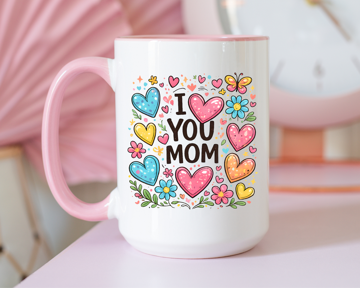 I Love You Mom Coffee Mug, Cute Birthday Gift for Mother, Colorful Hearts and Flowers Ceramic Tea Cup with Blue Handle, Mother's Day Mug