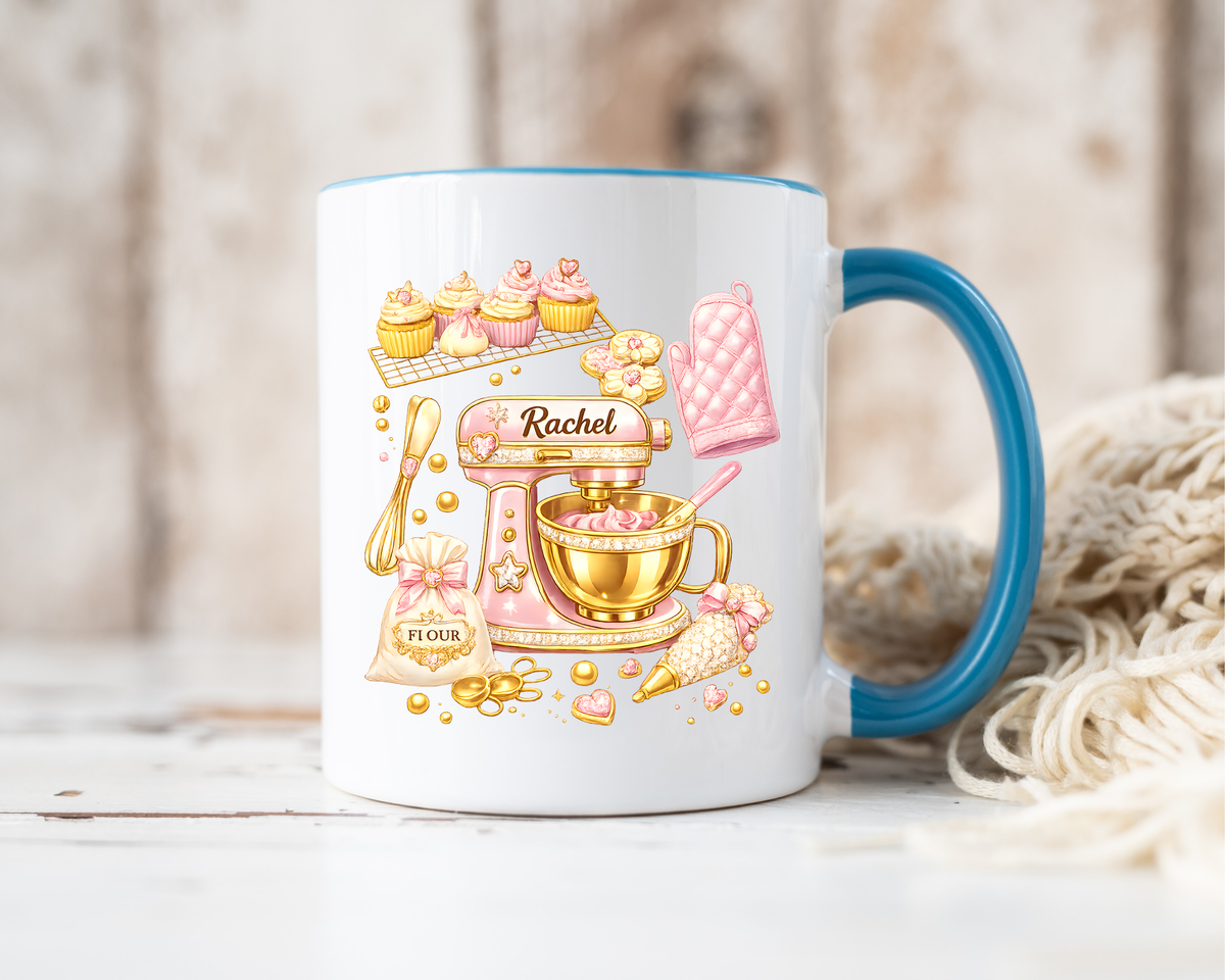Cute Baking Stand Mixer Coffee Mug, Personalized Baker Gift for Her, Aesthetic Pastry Chef Kitchen Ceramic Tea Cup with Dark Blue Handle