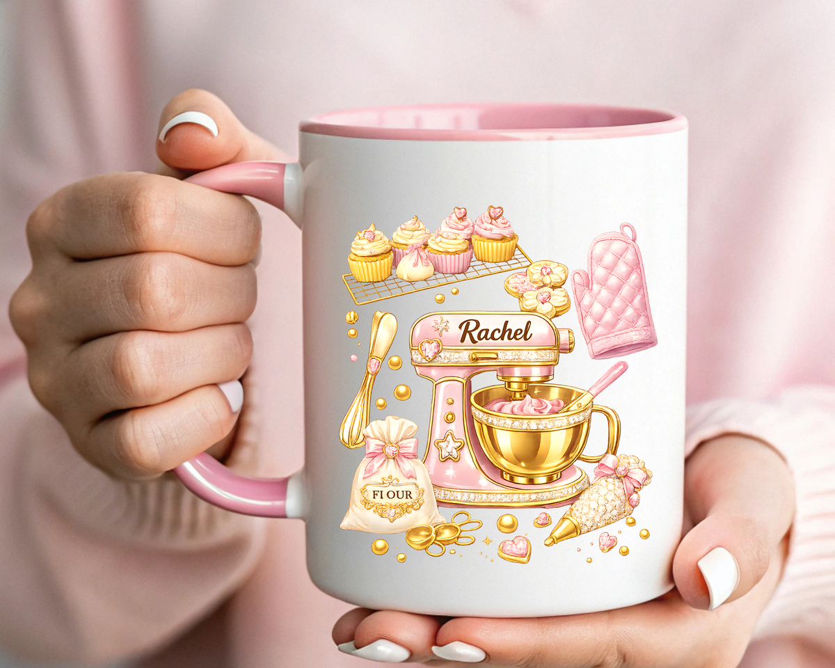Cute Baking Stand Mixer Coffee Mug, Personalized Baker Gift for Her, Aesthetic Pastry Chef Kitchen Ceramic Tea Cup with Dark Blue Handle