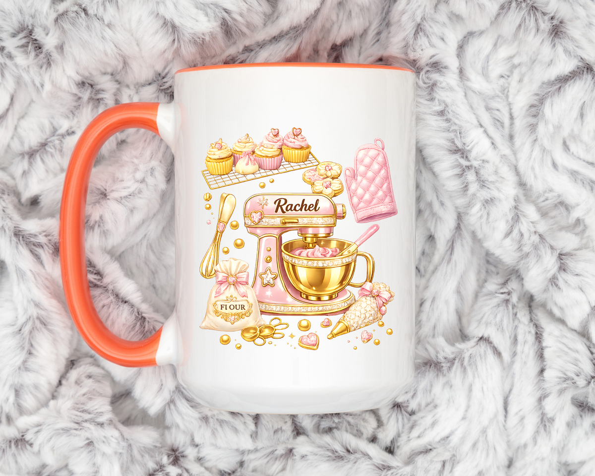 Cute Baking Stand Mixer Coffee Mug, Personalized Baker Gift for Her, Aesthetic Pastry Chef Kitchen Ceramic Tea Cup with Dark Blue Handle