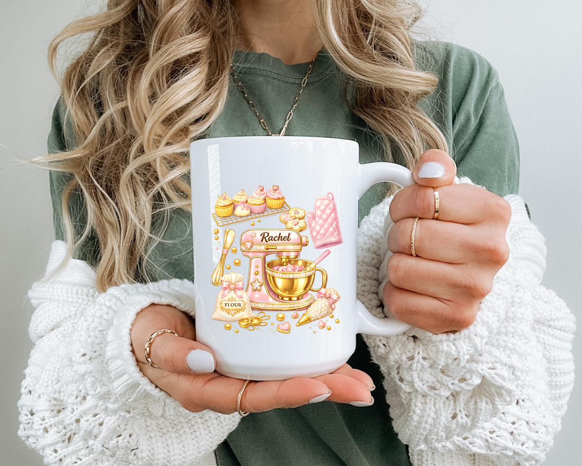 Cute Baking Stand Mixer Coffee Mug, Personalized Baker Gift for Her, Aesthetic Pastry Chef Kitchen Ceramic Tea Cup with Dark Blue Handle
