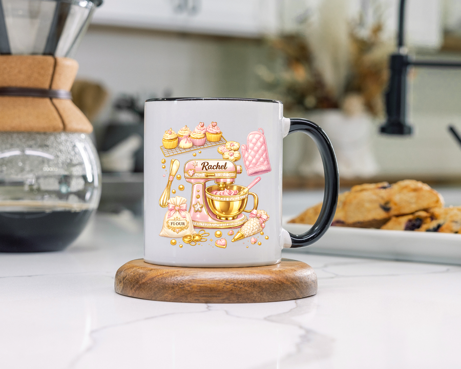 Cute Baking Stand Mixer Coffee Mug, Personalized Baker Gift for Her, Aesthetic Pastry Chef Kitchen Ceramic Tea Cup with Dark Blue Handle