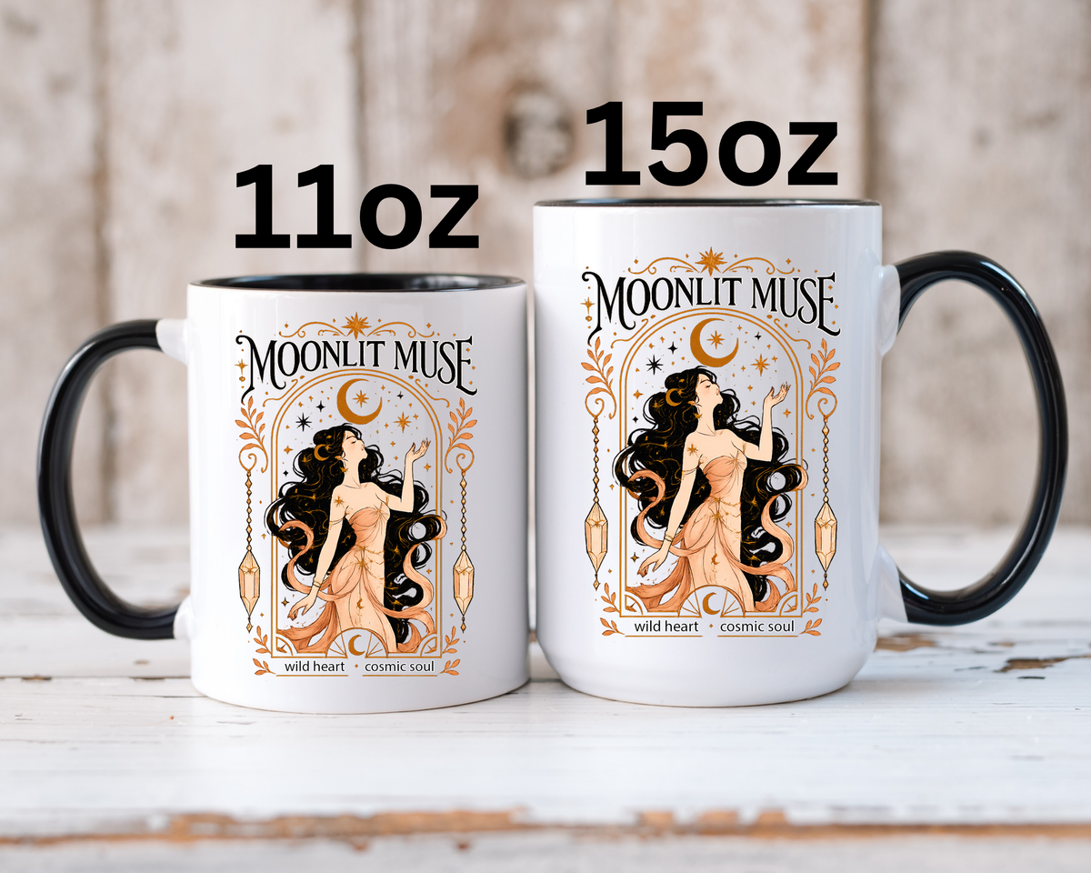 Moonlit Muse Coffee Mug, Celestial Goddess Art Mug, Mystic Moon Aesthetic Cup, Boho Spiritual Gift for Women, Cosmic Soul Coffee Mug