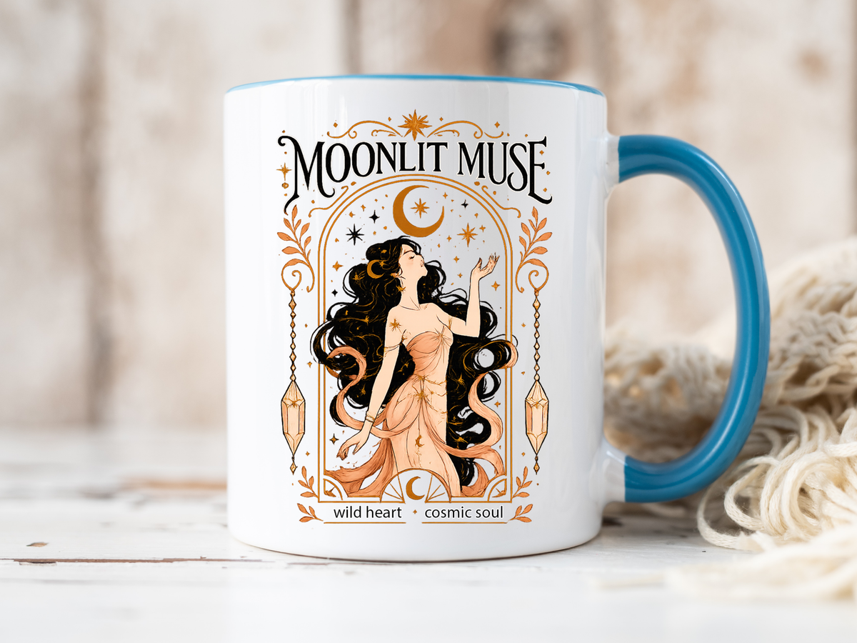 Moonlit Muse Coffee Mug, Celestial Goddess Art Mug, Mystic Moon Aesthetic Cup, Boho Spiritual Gift for Women, Cosmic Soul Coffee Mug