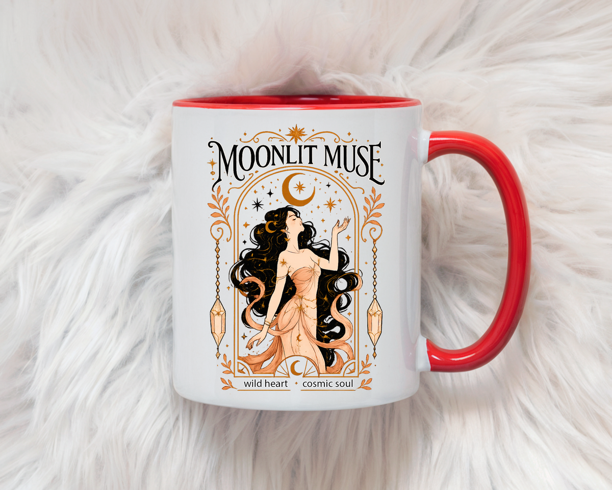 Moonlit Muse Coffee Mug, Celestial Goddess Art Mug, Mystic Moon Aesthetic Cup, Boho Spiritual Gift for Women, Cosmic Soul Coffee Mug