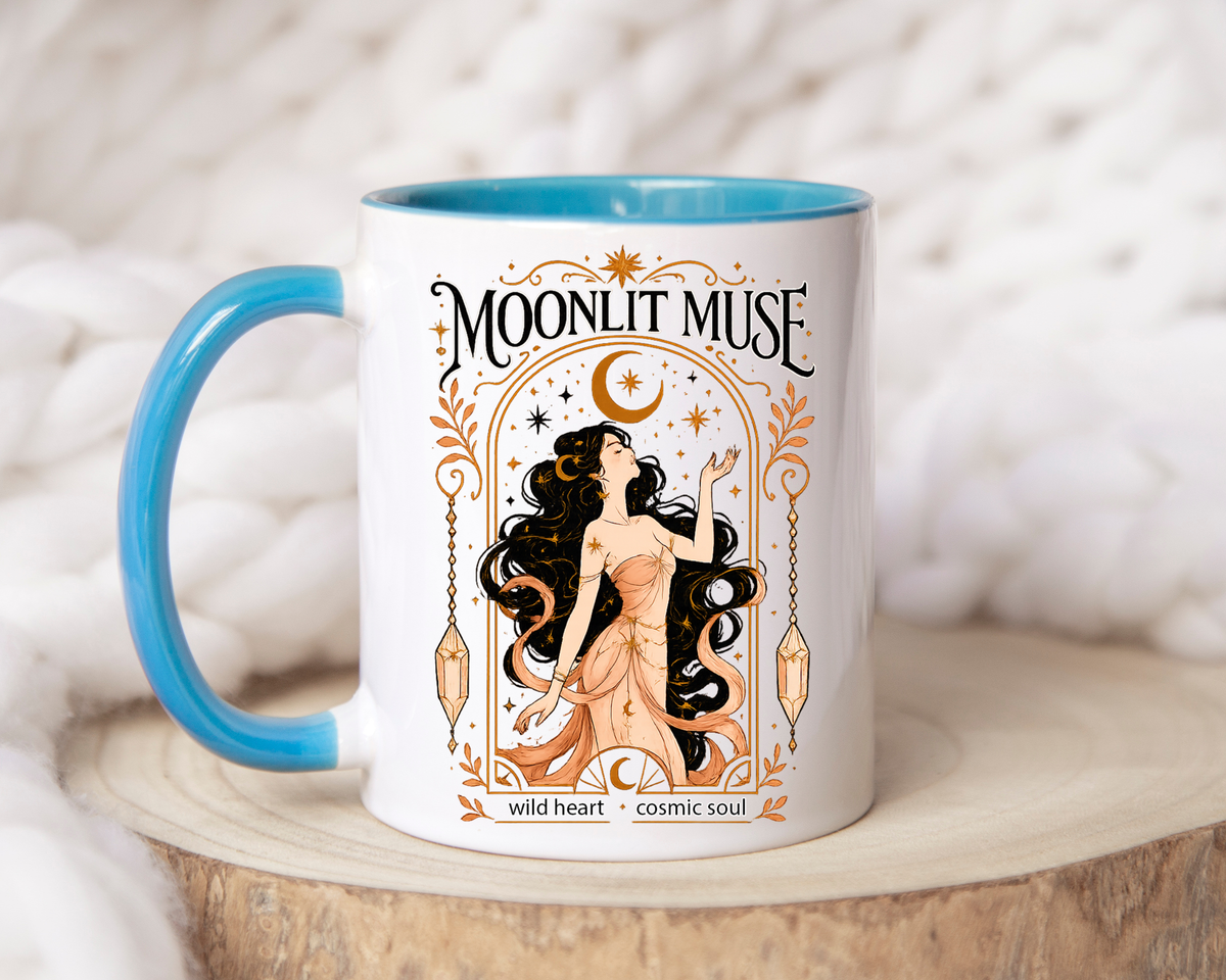 Moonlit Muse Coffee Mug, Celestial Goddess Art Mug, Mystic Moon Aesthetic Cup, Boho Spiritual Gift for Women, Cosmic Soul Coffee Mug