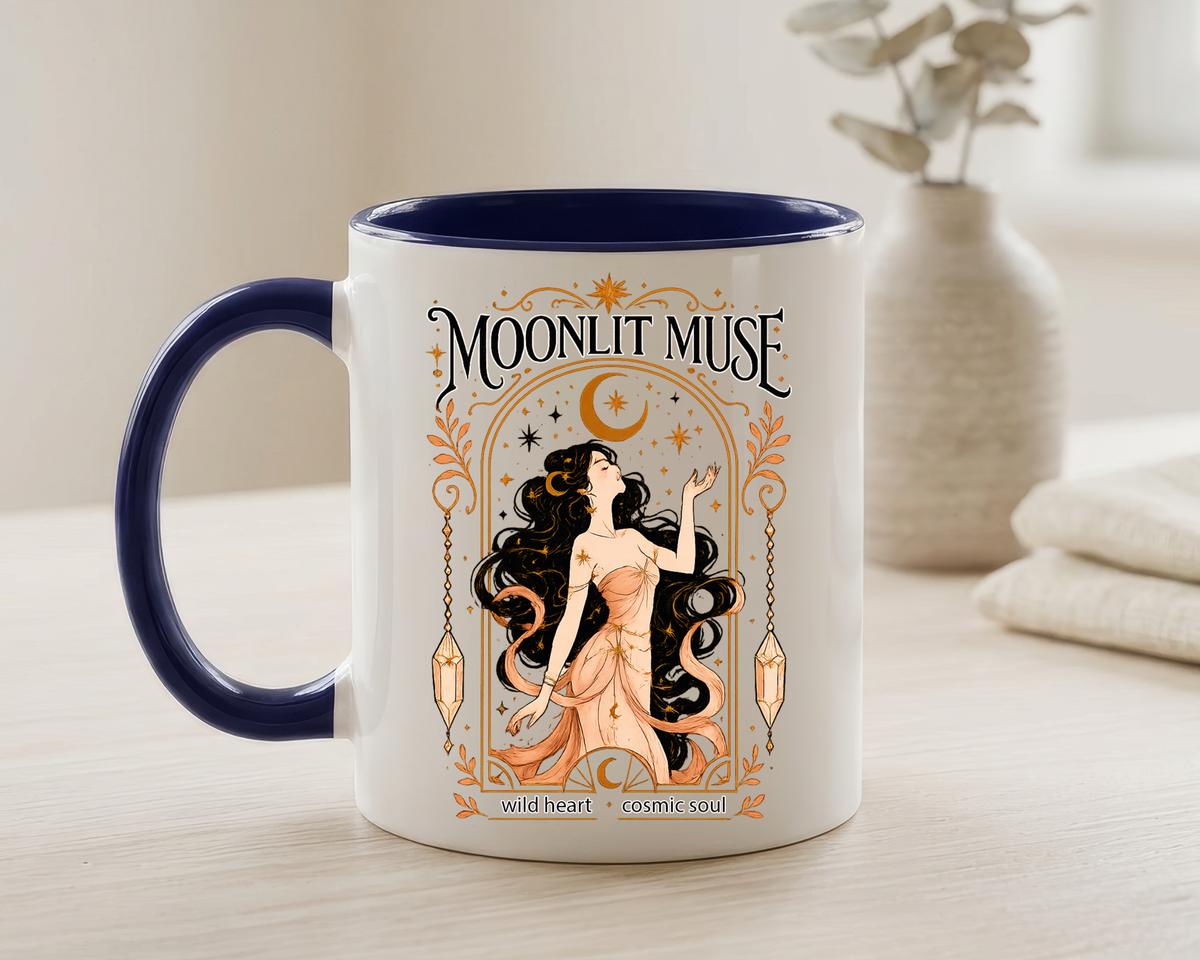 Moonlit Muse Coffee Mug, Celestial Goddess Art Mug, Mystic Moon Aesthetic Cup, Boho Spiritual Gift for Women, Cosmic Soul Coffee Mug