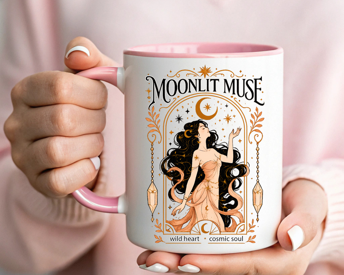 Moonlit Muse Coffee Mug, Celestial Goddess Art Mug, Mystic Moon Aesthetic Cup, Boho Spiritual Gift for Women, Cosmic Soul Coffee Mug