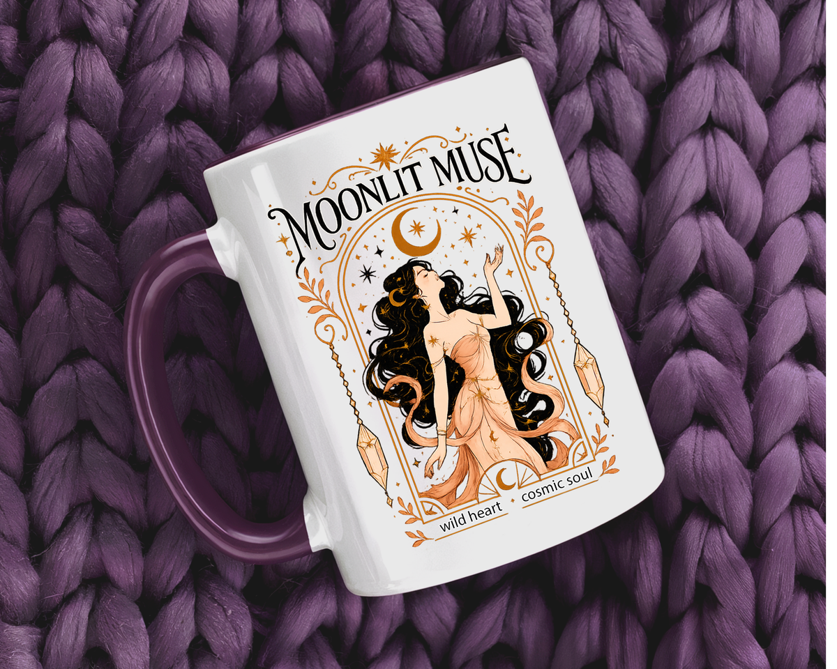 Moonlit Muse Coffee Mug, Celestial Goddess Art Mug, Mystic Moon Aesthetic Cup, Boho Spiritual Gift for Women, Cosmic Soul Coffee Mug