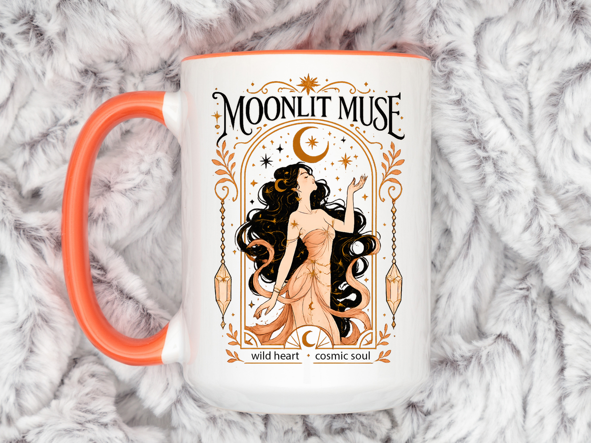 Moonlit Muse Coffee Mug, Celestial Goddess Art Mug, Mystic Moon Aesthetic Cup, Boho Spiritual Gift for Women, Cosmic Soul Coffee Mug
