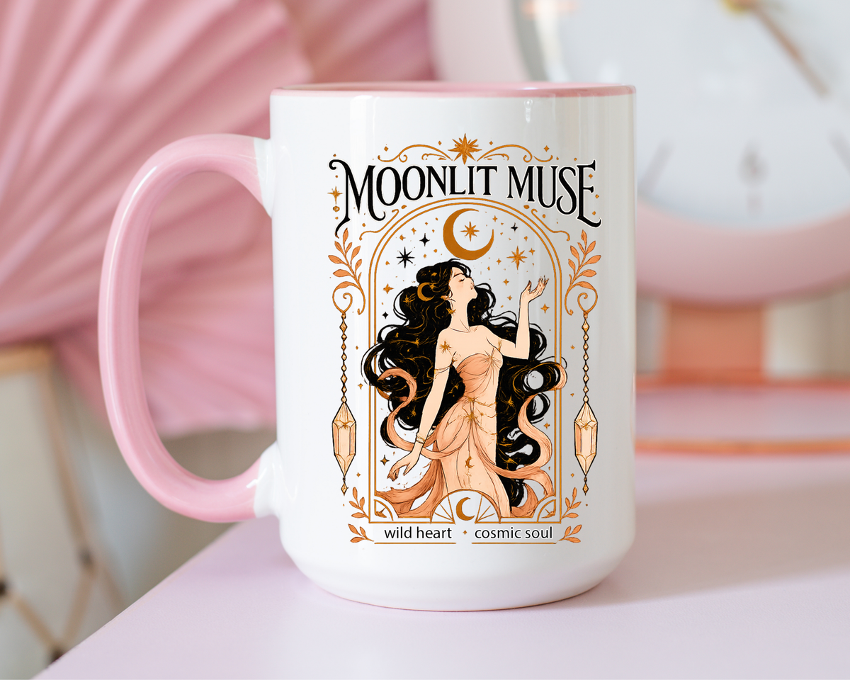 Moonlit Muse Coffee Mug, Celestial Goddess Art Mug, Mystic Moon Aesthetic Cup, Boho Spiritual Gift for Women, Cosmic Soul Coffee Mug