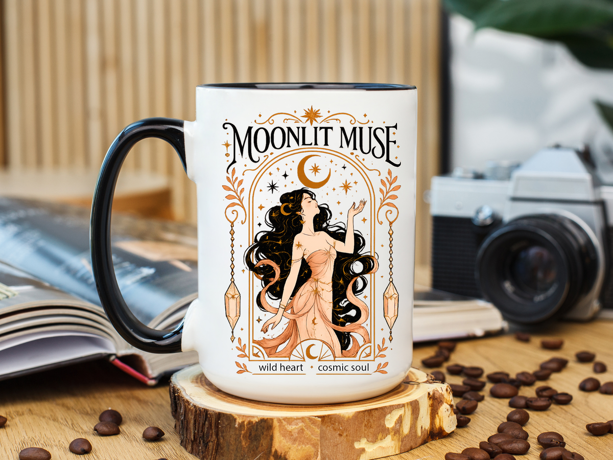 Moonlit Muse Coffee Mug, Celestial Goddess Art Mug, Mystic Moon Aesthetic Cup, Boho Spiritual Gift for Women, Cosmic Soul Coffee Mug