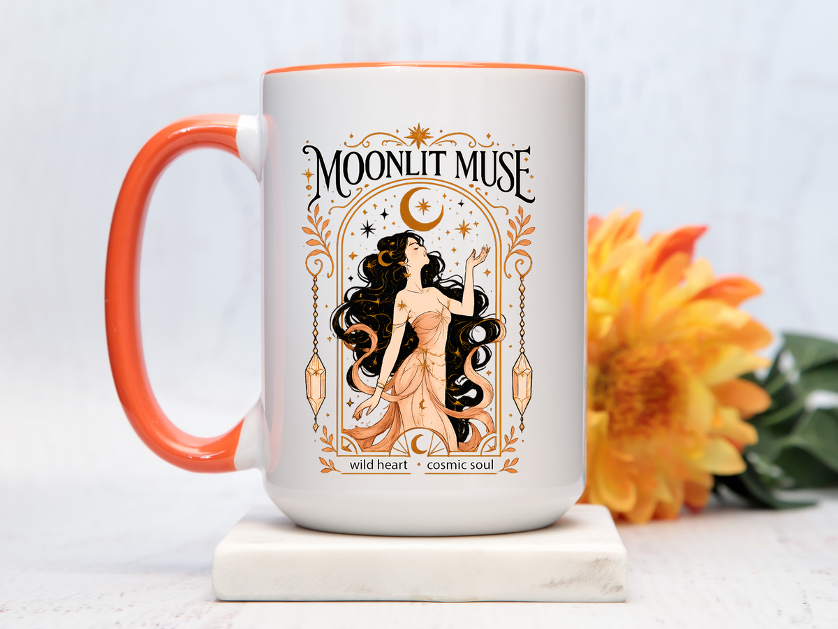 Moonlit Muse Coffee Mug, Celestial Goddess Art Mug, Mystic Moon Aesthetic Cup, Boho Spiritual Gift for Women, Cosmic Soul Coffee Mug