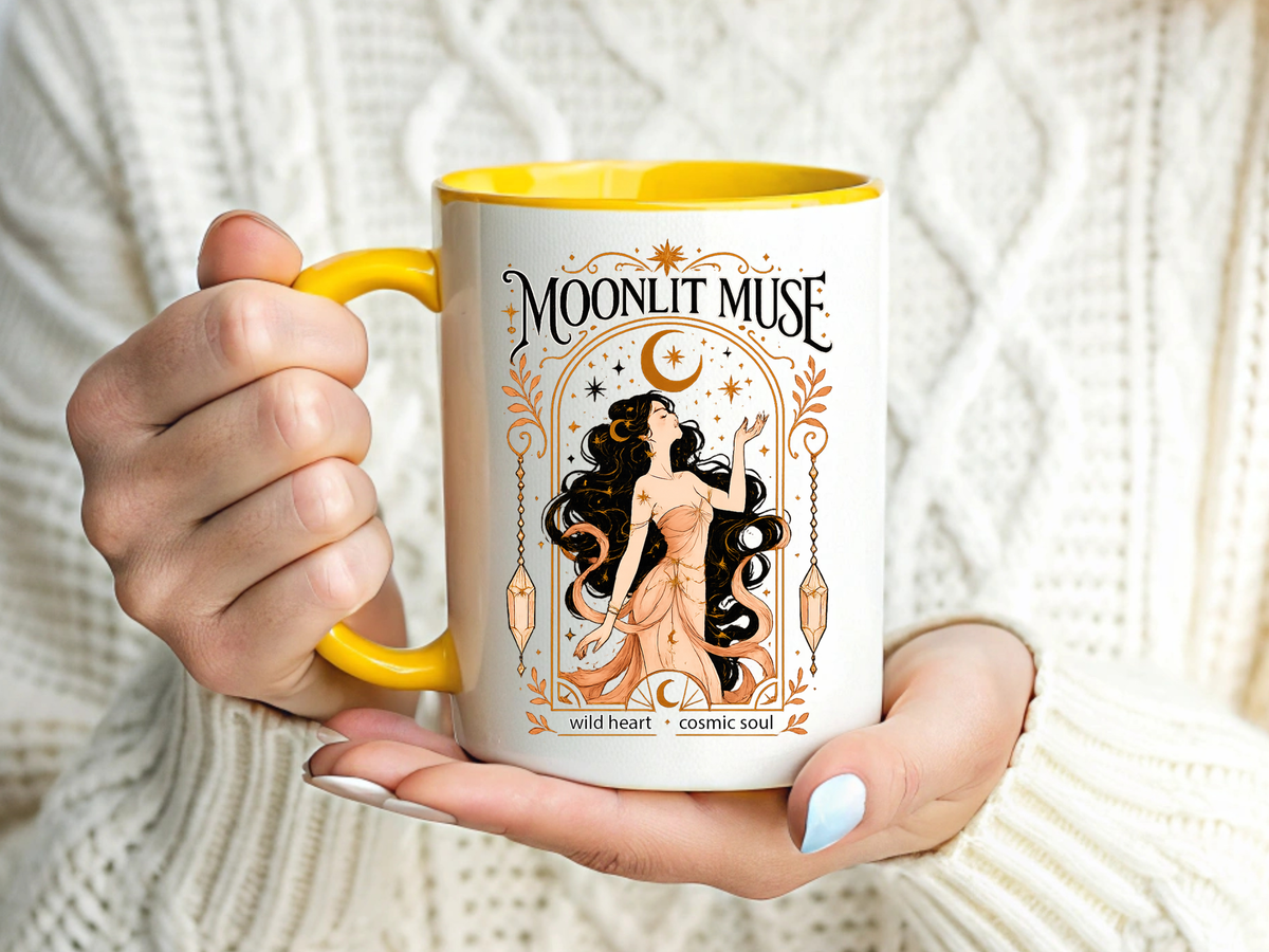 Moonlit Muse Coffee Mug, Celestial Goddess Art Mug, Mystic Moon Aesthetic Cup, Boho Spiritual Gift for Women, Cosmic Soul Coffee Mug