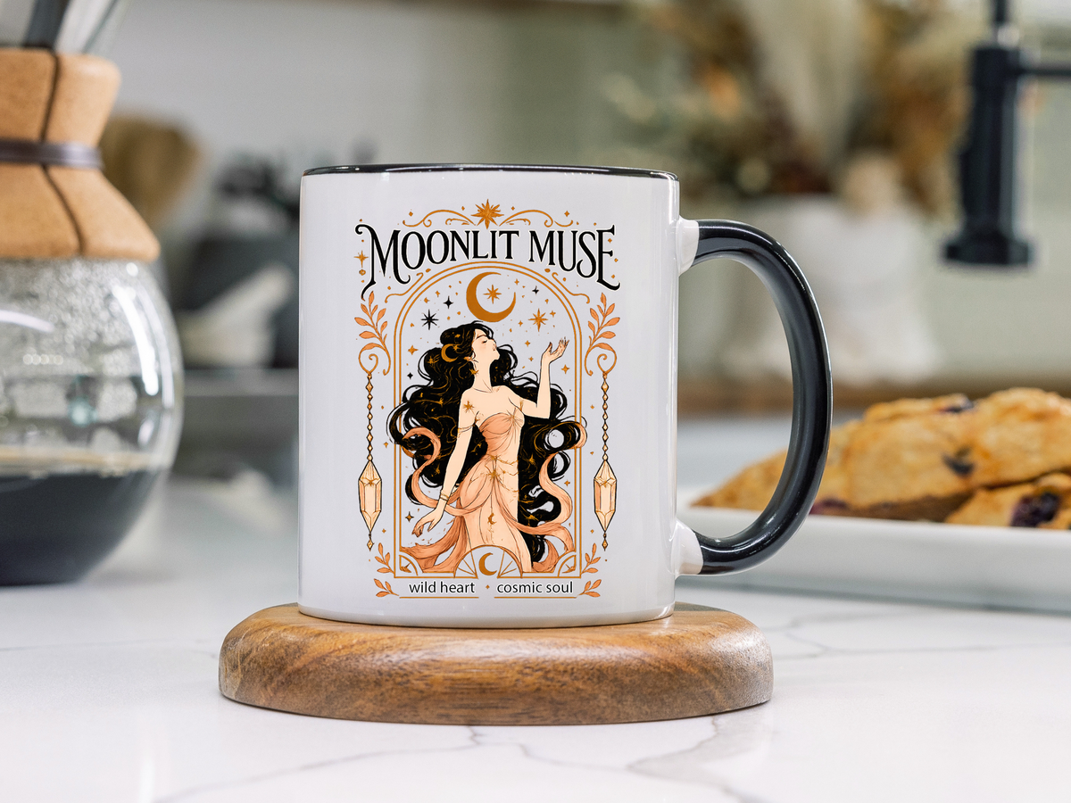 Moonlit Muse Coffee Mug, Celestial Goddess Art Mug, Mystic Moon Aesthetic Cup, Boho Spiritual Gift for Women, Cosmic Soul Coffee Mug