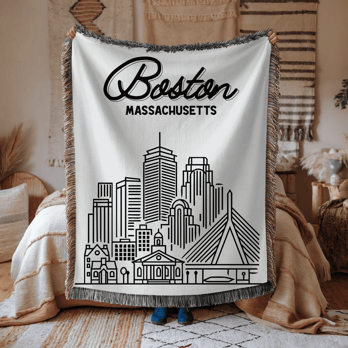 Boston Skyline Woven Blanket, Boston Massachusetts Throw Blanket, Cityscape Home Decor Gift, Travel Lover Keepsake, Boston Gift