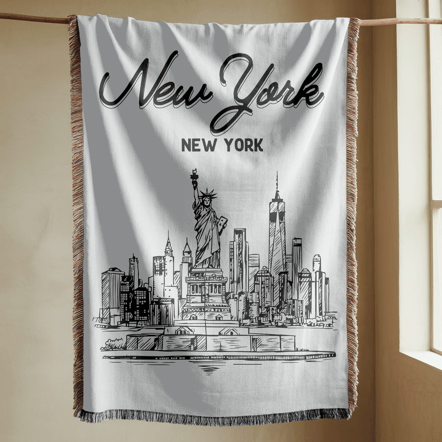 New York City Skyline Woven Blanket, NYC Throw Blanket with Statue of Liberty, New York Travel Gift, Cityscape Home Decor Blanket
