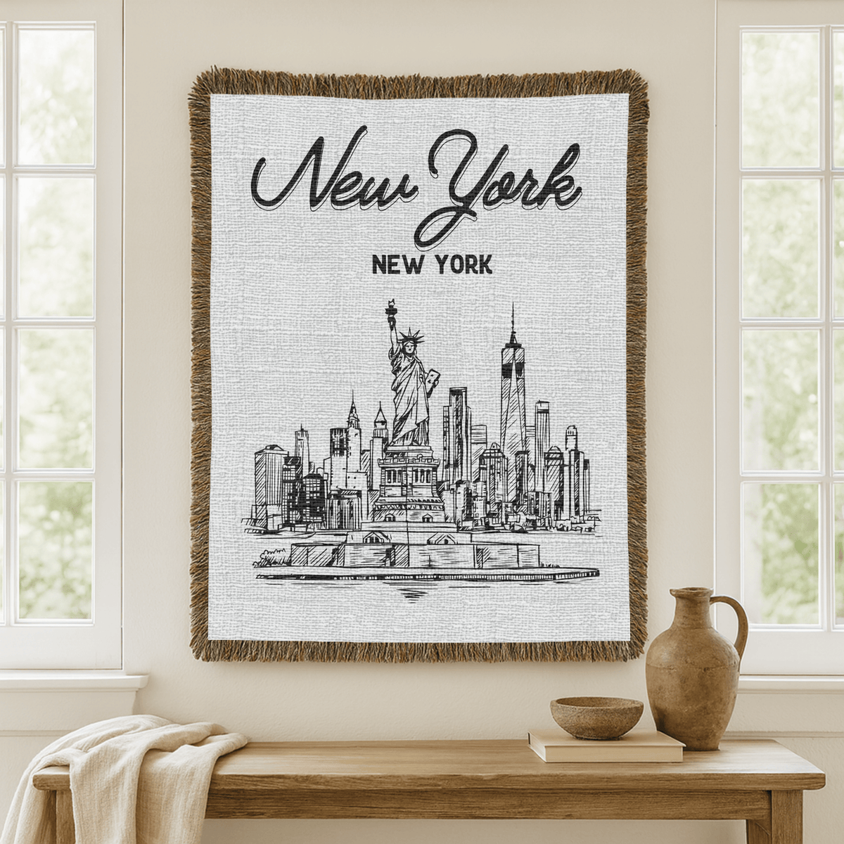 New York City Skyline Woven Blanket, NYC Throw Blanket with Statue of Liberty, New York Travel Gift, Cityscape Home Decor Blanket
