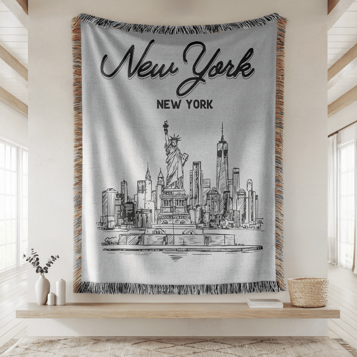 New York City Skyline Woven Blanket, NYC Throw Blanket with Statue of Liberty, New York Travel Gift, Cityscape Home Decor Blanket