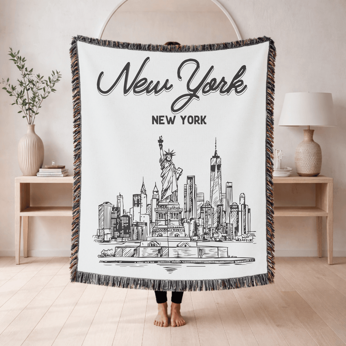 New York City Skyline Woven Blanket, NYC Throw Blanket with Statue of Liberty, New York Travel Gift, Cityscape Home Decor Blanket