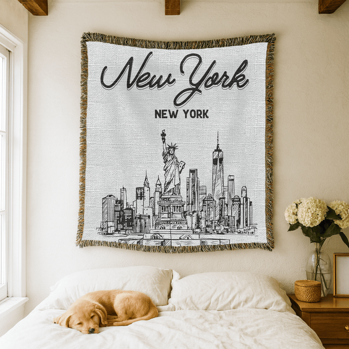 New York City Skyline Woven Blanket, NYC Throw Blanket with Statue of Liberty, New York Travel Gift, Cityscape Home Decor Blanket