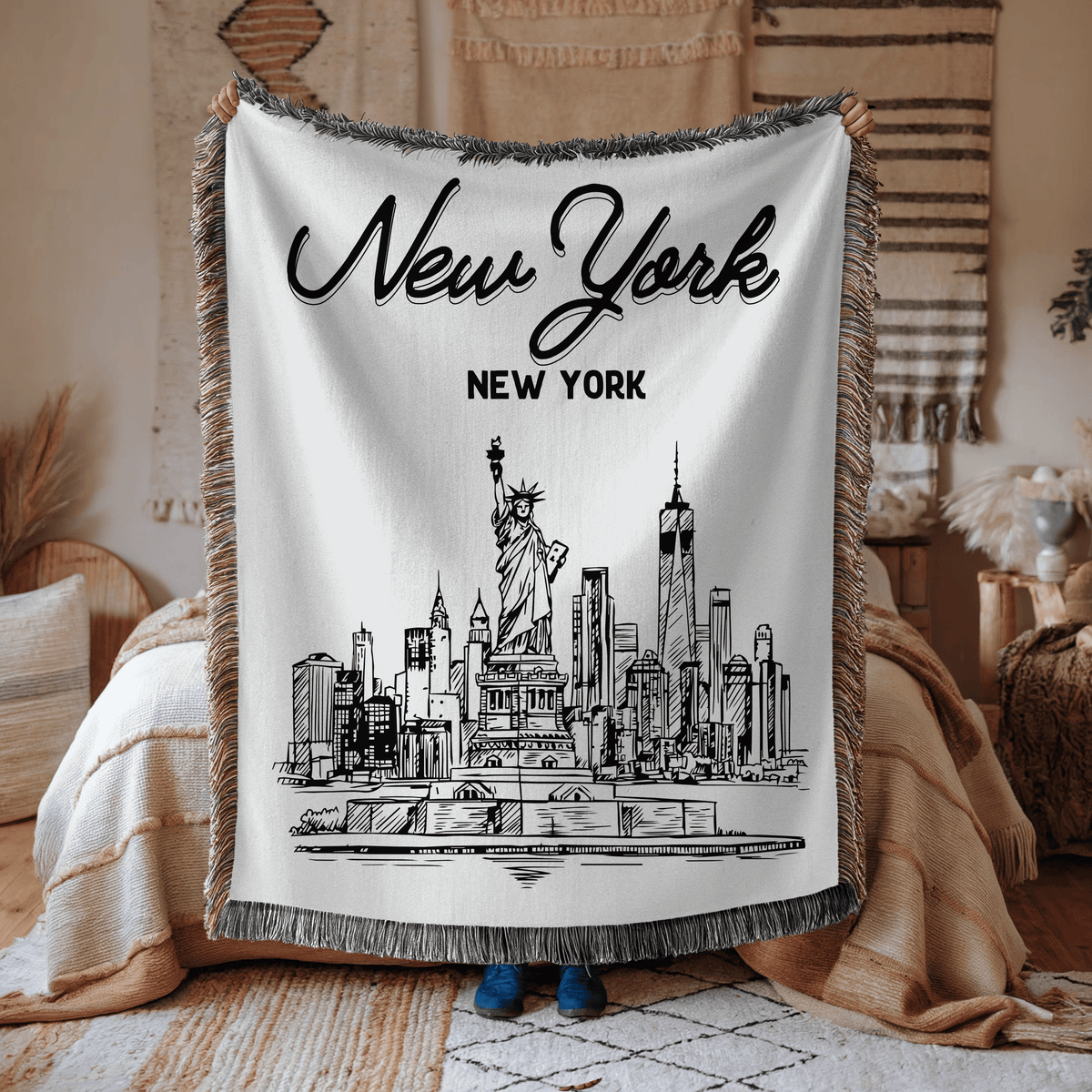 New York City Skyline Woven Blanket, NYC Throw Blanket with Statue of Liberty, New York Travel Gift, Cityscape Home Decor Blanket
