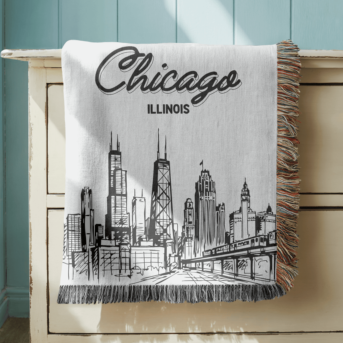 Chicago Skyline Woven Blanket, Chicago Illinois Throw Blanket, Cityscape Home Decor Gift, Chicago Travel Keepsake, Windy City Blanket