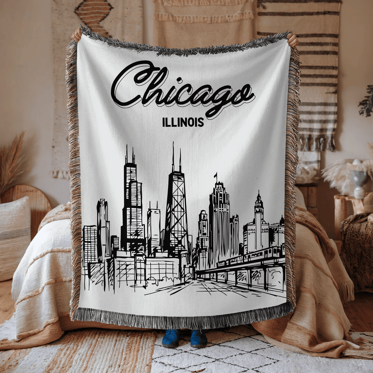 Chicago Skyline Woven Blanket, Chicago Illinois Throw Blanket, Cityscape Home Decor Gift, Chicago Travel Keepsake, Windy City Blanket