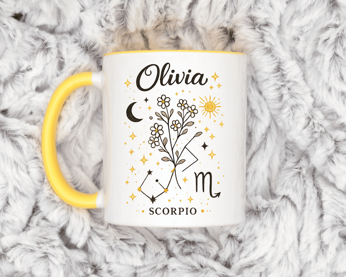 Personalized Scorpio Zodiac Mug, Custom Name Astrology Coffee Mug, Scorpio Birth Sign Gift for Her, Celestial Horoscope Cup