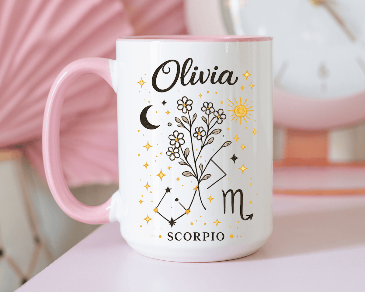 Personalized Scorpio Zodiac Mug, Custom Name Astrology Coffee Mug, Scorpio Birth Sign Gift for Her, Celestial Horoscope Cup