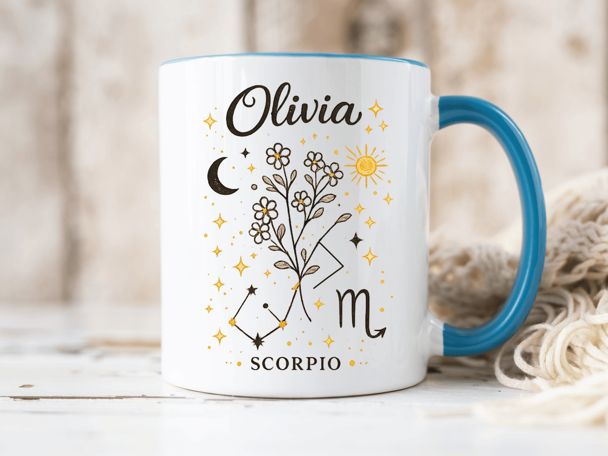 Personalized Scorpio Zodiac Mug, Custom Name Astrology Coffee Mug, Scorpio Birth Sign Gift for Her, Celestial Horoscope Cup